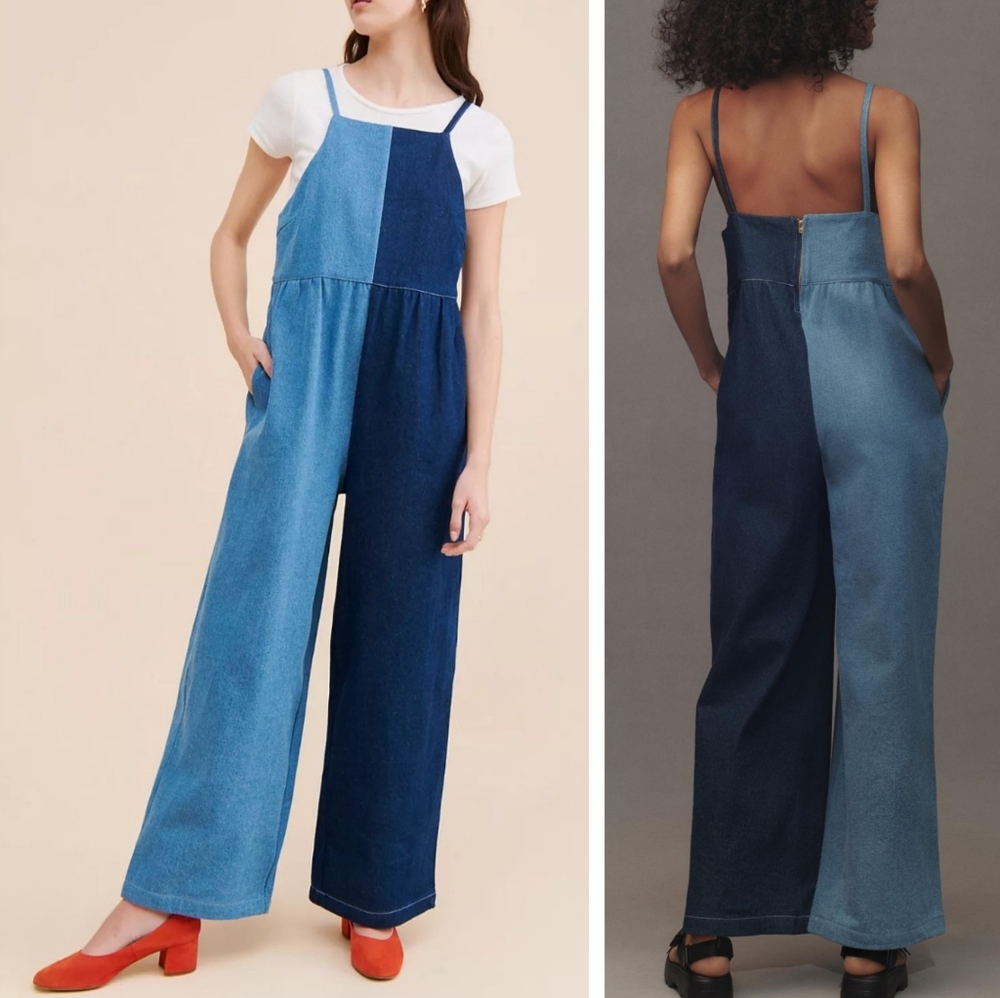 Anthropologie Two-Tone Denim Jumpsuit in Light and Dark Blue